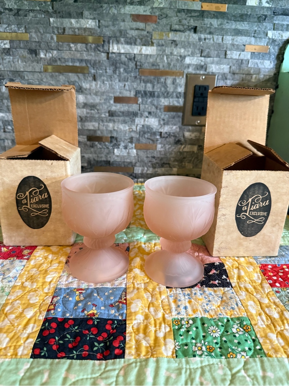 Vintage Tiara Exclusive Frosted Pink Goblet pair with Boxes